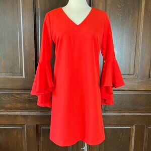 Catherine Malandrino Red Cocktail Dress Women's 4 Stretch V-Neck Bell Sleeves